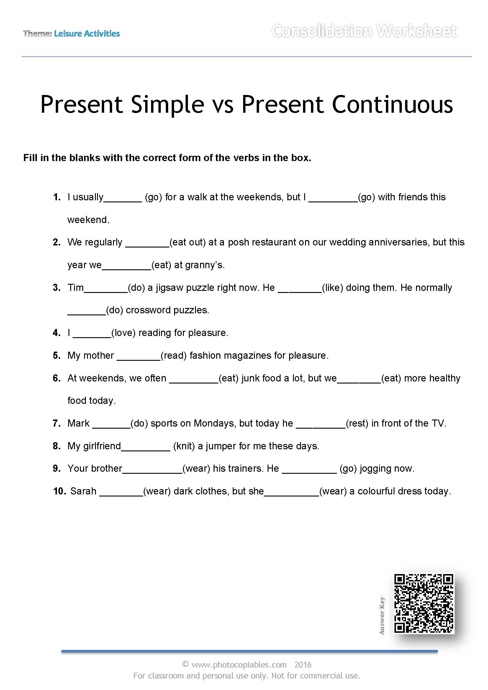 Present Simple Vs Present Continuous Consolidation Worksheet 